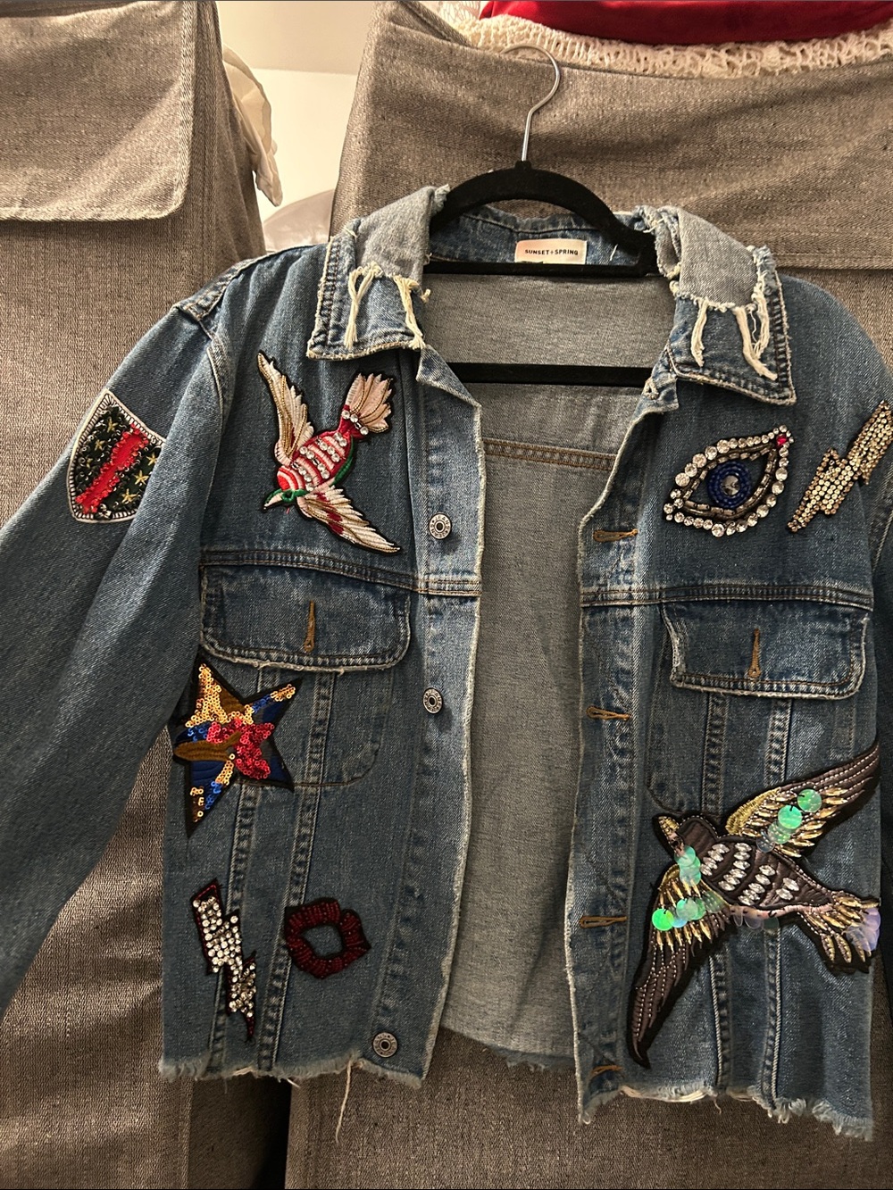 Embellished Distressed Blue Denim Jacket - Women